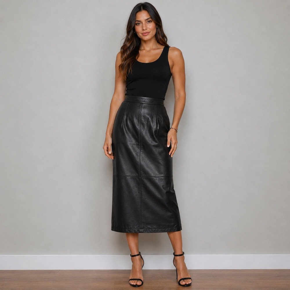 Verducci Vintage Black Leather Midi Skirt High Waisted Button Back Slit Size 12